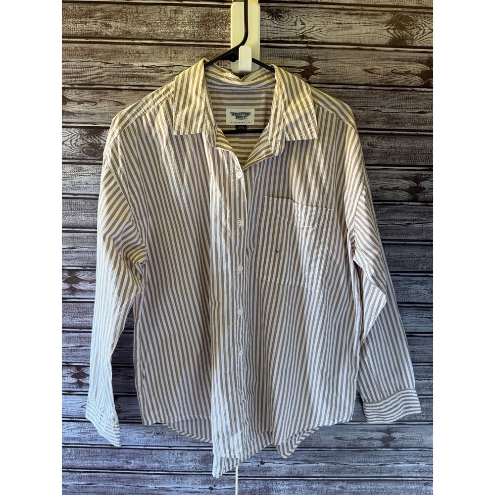 American Eagle Women's Long-Sleeved Button-Down Top Size M Tan White Striped